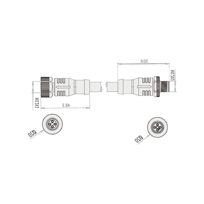 M12 4Pin T-coded, female straight turn male straight, double end pre-cast PVC non-flexible cable, grey sheath, 64TD01-XXX